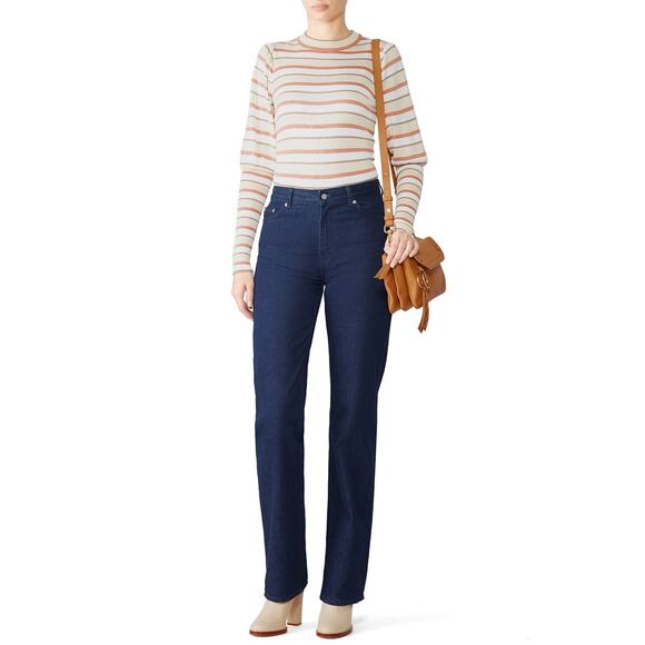 SEE BY CHLOÉ Cream Pink Striped Puff Sleeves Crewneck Sweater Size Medium - Picture 14 of 14